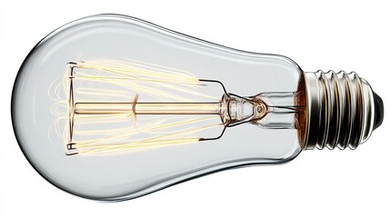 Lightbulb glows with intricate filament inside clear glass, isolated on white