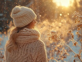 Cozy woman in winter knitwear enjoying a serene snow sunset, surrounded by froted grasses, evoking warmt and tranquility in a wintr landscape.