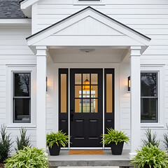 Modern farmhouse entry with black door and white siding, featuring glass panels and lighting.