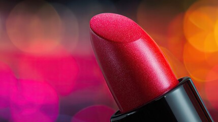 A close-up of an elegant vibrant red lipstick with sleek black case, detailed texture, set against a blurred backdrop with vivid colors and soft lighting for luxurious, captivating product advertising
