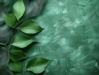 Fresh green leaves on a textured teal background, sybolizing nature and tranqulity, perfect for wellnessand eco-friendly themes.
