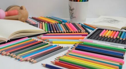 A vibrant collection of drawing pencils and art supplies laid out for creativity
