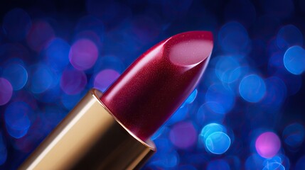 A close-up of an elegant vibrant red lipstick with sleek black case, detailed texture, set against a blurred backdrop with vivid colors and soft lighting for luxurious, captivating product advertising