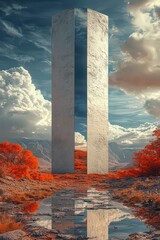 Majestic monolith reflecting in serene water, surrouded by vibrant autumn folige and dramatic clouds, evking a sense of mystery an tranquility.