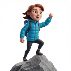 Cheerful Cartoon Girl Climber Reaches Summit