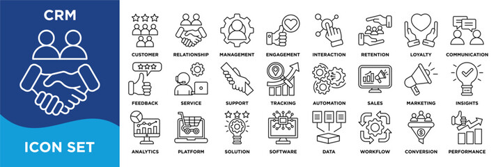 CRM  icon collection set. Containing customer,relationship,management,engagement,interaction,retention,loyalty,communication,feedback,service icon. Simple line vector.	
