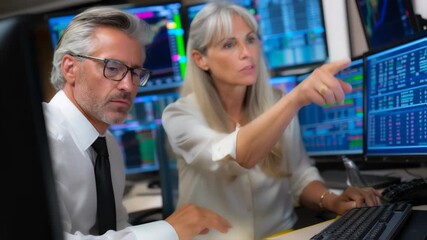 Business colleagues focused on the financial market analyze stock trading data on a computer screen - Powered by Adobe