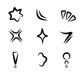 Hand drawn comic icon pack black and white doodle style for manga pop art design