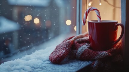 A warm cup of cocoa with a festive christmas mug, featuring a santa hat and candy canes on the side.