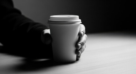 Person holding a disposable coffee cup in black and white with dramatic lighting