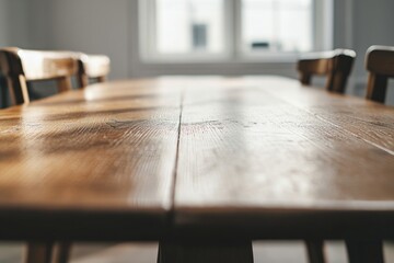 Conference table with multiple chairs in meeting room.