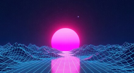 Retro Futuristic Sunset Over Digital Landscape With Pink Sun