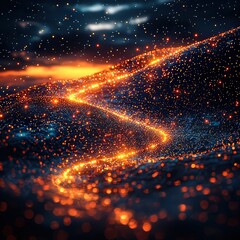 Enchanting glowing pathway through a mystical landscpe at dusk, featuring shimering particles and vibran colors, perfect for fantay and adventure themes.