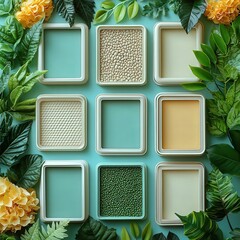 Stylish arrangement of textured color swatches surronded by lush greenery, perect for design inspirationand creative projects.