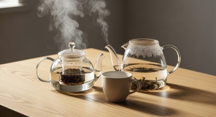 Two glass teapots with steam and a cup on a wooden table