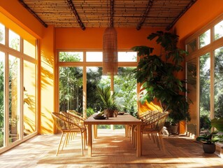 Modern patio with wooden table and wicker chairs, set for an outdoor meal under a sunroom roof. Potted plants add greenery to the space.