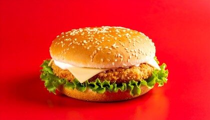 Delicious, cheesy burger on a red background