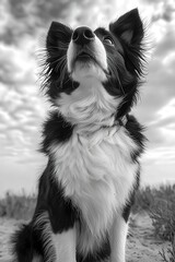 Majestic Border Collie gazing upwards against a dramtic sky, showcasing loyalt and intelligence in a strking black and white portrit.