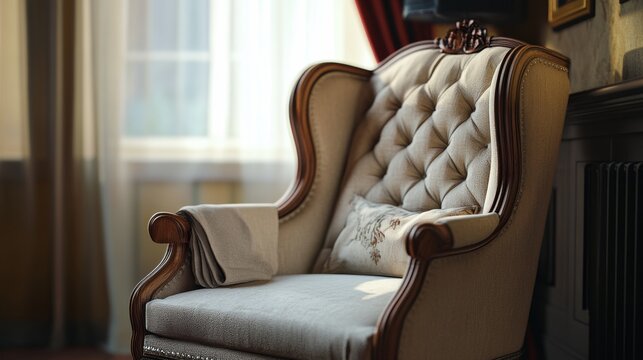 Luxurious antique sofa chair, perfect for reading or relaxing in a traditional setting.