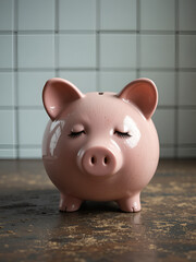 Piggy bank with closed eyes  on grunge table near white tile background. Concept of bankruptcy