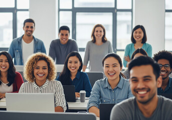 Happy businesspeople collaborating