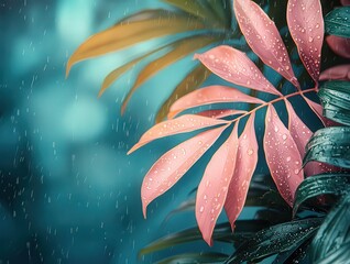 Vibrant tropical leaves glistening with raindrops, ceating a serene and refresing atmosphere, perfect fo nature-themed designs andwellness promotions.