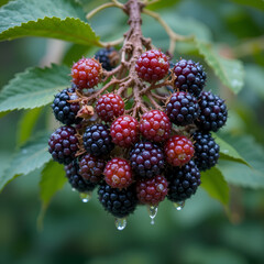 Blackberries cluster on tree branch, adorned with leaves and droplets, fruits remain unpicked