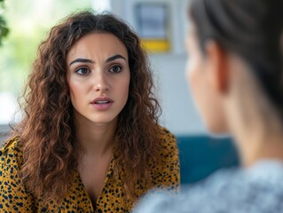 Two women discussing job opportunities in a professional office environment.