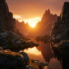 Majestic mountain landscape at sunset with a tranquil river flowing through a rocky valley casting golden reflections on the water