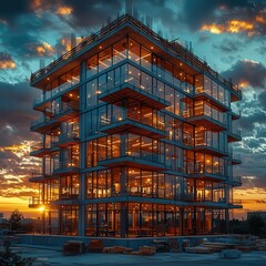 Modern glass building under construction at sunset, howcasing vibrant colors ad architectural design, idal for real estate and contruction industry marketin.