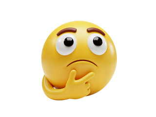 Fototapeta premium A thoughtful yellow emoji with a furrowed brow and hand on chin contemplating a difficult question isolated on transparent background