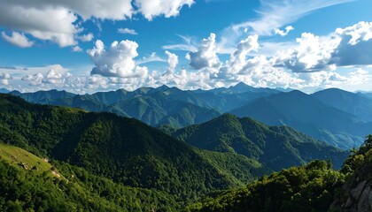Fototapeta premium Mountain landscape, lush greenery, blue sky