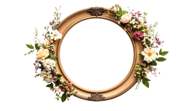 A golden, ornate circular frame adorned with an arrangement of colorful flowers isolated on transparent background.