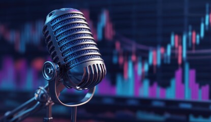 Vintage microphone against financial chart background