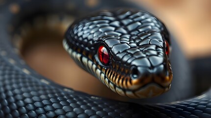 Fototapeta premium Precise architectural color photograph Close-up of a viper snake with intense red eyes and dark scales. Sharp lines, detailed structures, wide angle, detailed focus