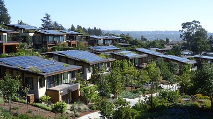 Obraz premium Sustainable hillside homes create eco friendly community with solar panels for energy green living modern architecture environmental harmony nature integration concept.