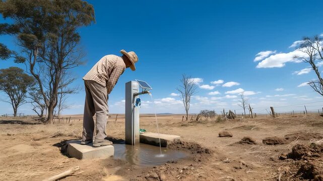 Man using a solar-powered water pump in a dry field under a clear sky during the day