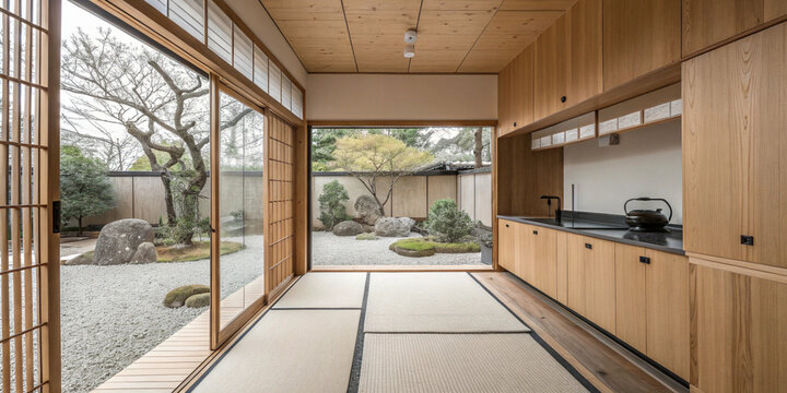 Japanese-style minimalist kitchen with sliding wooden doors, tatami flooring, and a zen garden in view
