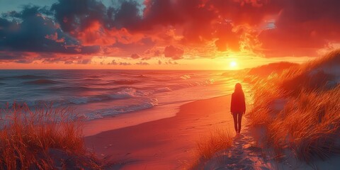 Silhouetted figure walking along a serene beach at snset, with vibrant orange nd purple skies reflectingon gentle waves, evoking tanquility and adventure.