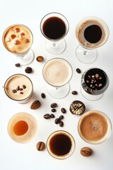 Variety of drinks with espresso and alcohol. Mixology theme with creative designs.