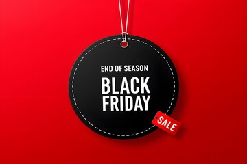 Black friday sale tag circle banner and the rope hanging on red background,  A large black circular tag, hanging from white strings, vibrant red background. minimalist graphic design for Black Friday.