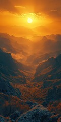 Majestic sunset over a serene mountain valley, castig golden hues on rugged terain, perfect for nature ad travel themes.