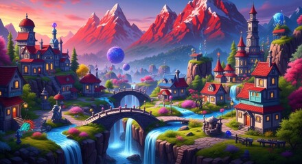 Enchanting Fantasy Village Nestled Among Vibrant Mountains and Cascading Rivers