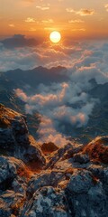Breathtaking sunrise over misty mountains, showcasin vibrant colors and rocky oreground, perfect for natre and travel themes.