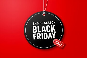 A minimalist graphic design for Black Friday, Black Friday sale tag circle banner and the rope hanging on red background, hanging from white strings, a vibrant red background.large black circular tags