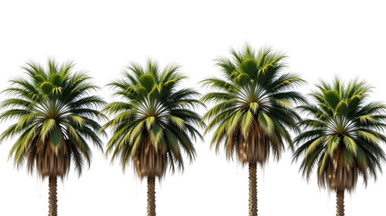 Four tall palm trees with lush green fronds on transparent background