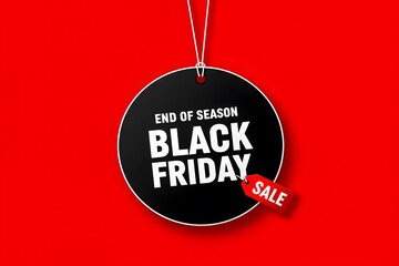 A minimalist graphic design for Black Friday.  large black circular tag, hanging from white strings, vibrant red background. Black Friday sale tag circle banner and the rope hanging on red background