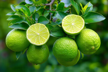 Fresh green lime on the tree.