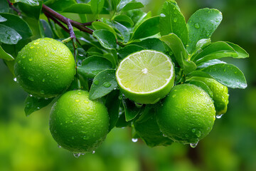 Fresh green lime on the tree.