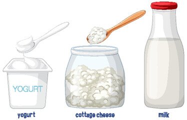 Dairy Products Illustration: Yogurt, Cottage Cheese, and Milk